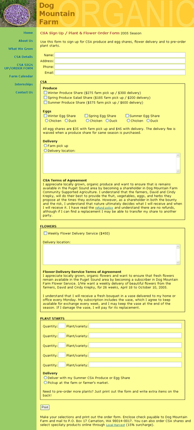 Dog Mountain Farm CSA Order Form Page